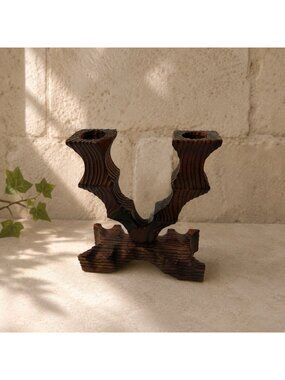 Vintage Castlecore Brutalist Hand-Carved Wooden Candelabra Candleholder 60s 70s